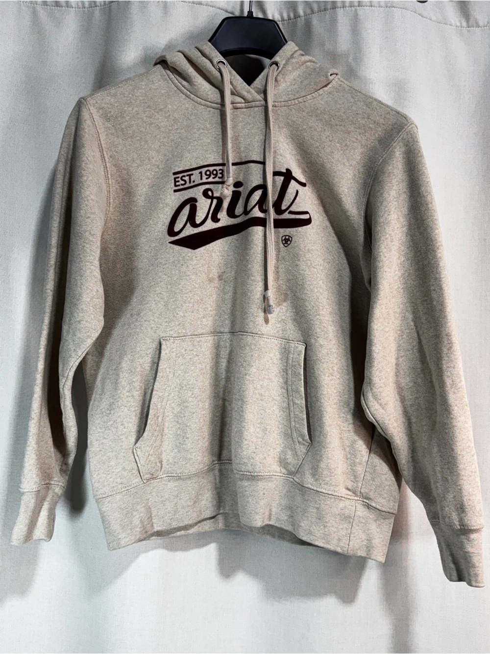 Ariat Real Men’s Beige Fleece Pullover Hoodie Graphic Logo Pockets Drawstring M